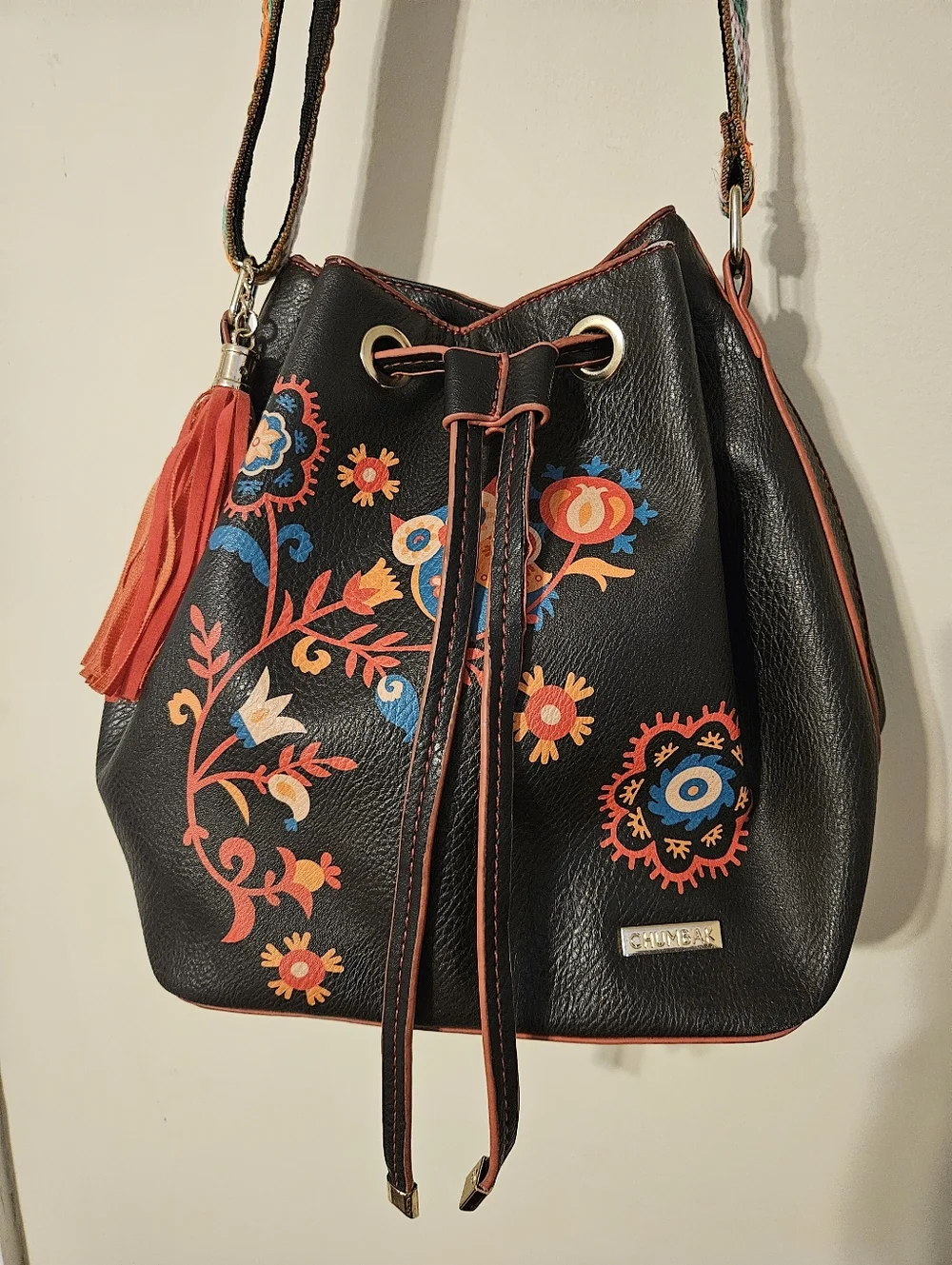 Embroidered Floral Bucket Shoulder Bag in Black and Orange